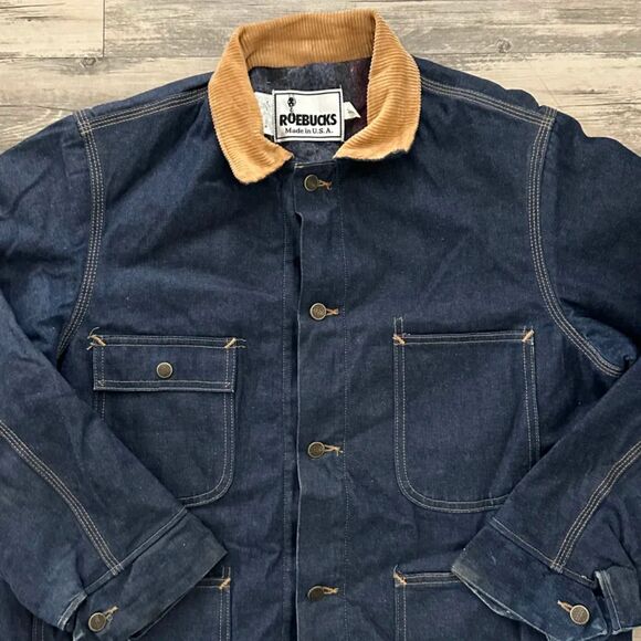 Vintage Roebucks Blanket Lined Denim Chore Coat Jacket Size Large Dark Wash - Picture 3 of 6